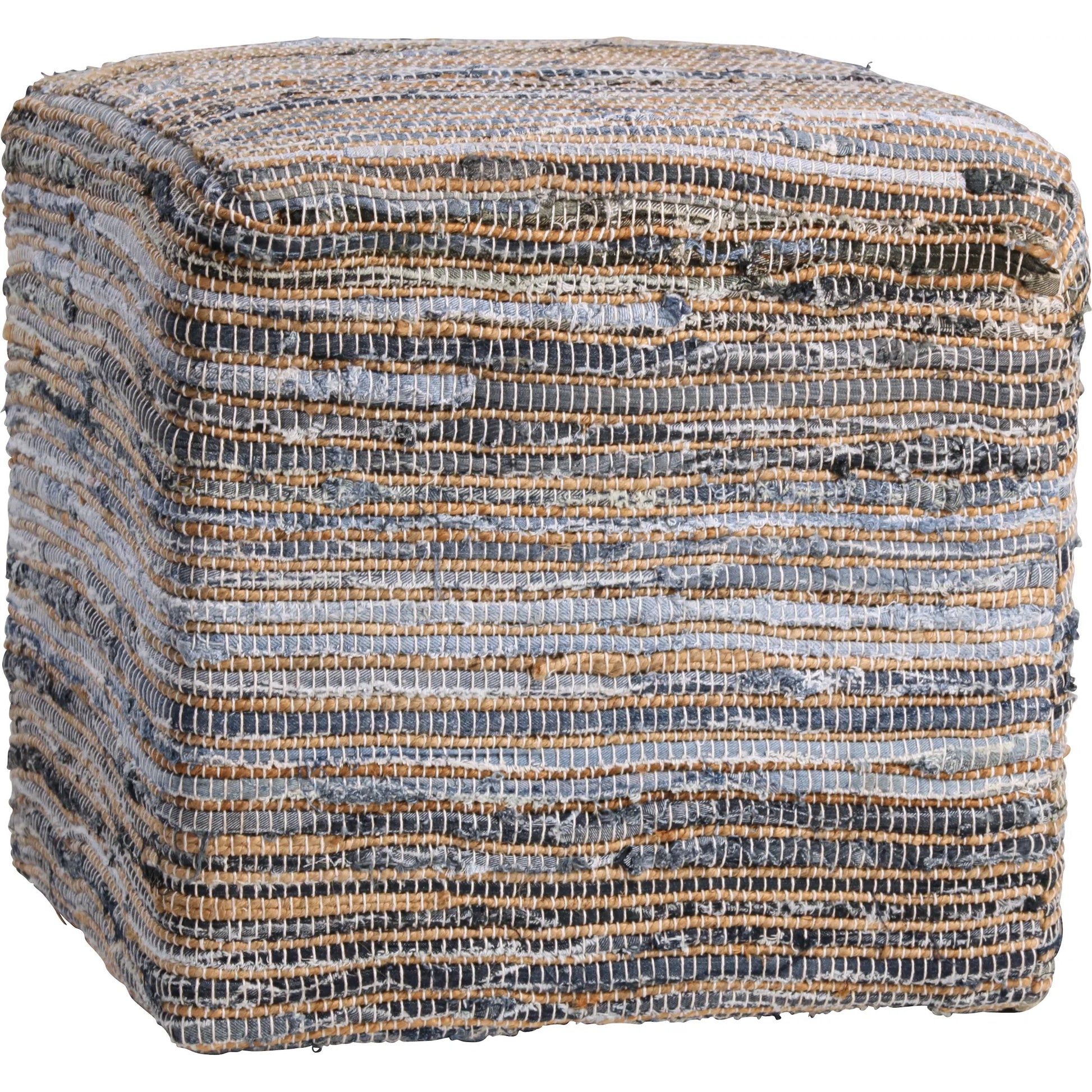 Pansy Ottoman by Arch & Plane in denim blue, natural jute. Made from recycled denim, jute upholstery with wood filler in a rustic style.