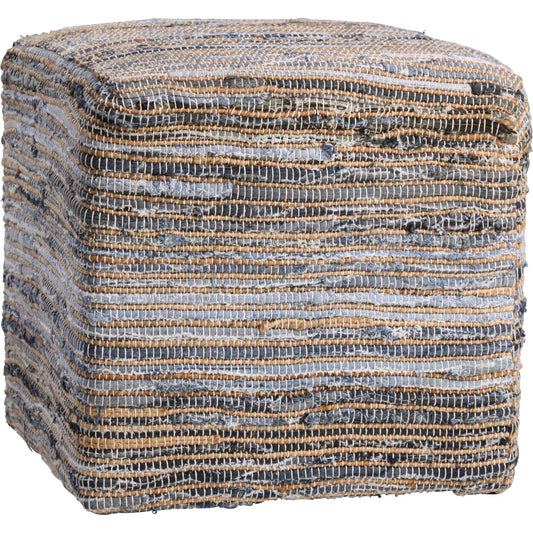 Assam Ottoman by Arch & Plane in denim blue, natural jute. Made from recycled denim, jute upholstery with wood filler in a unique style.