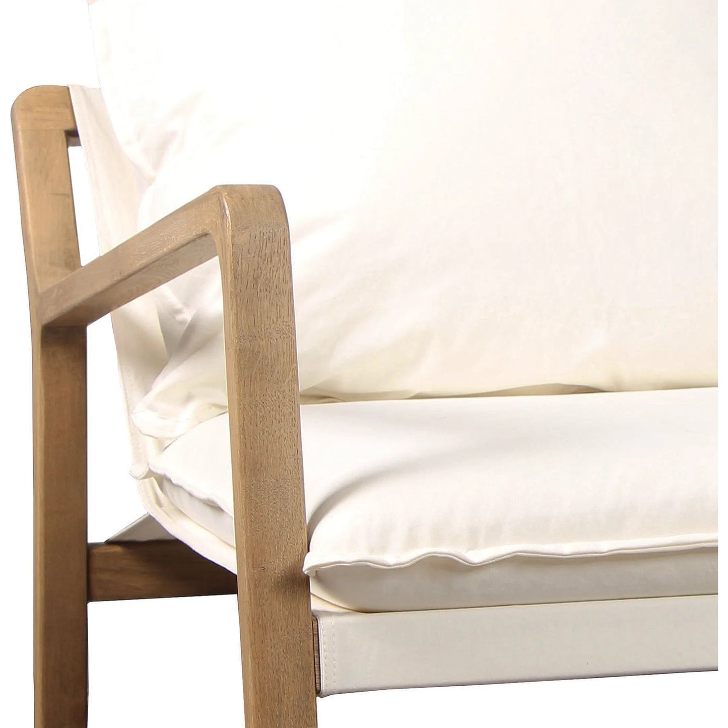 005 SI-2075260 | Closeup | Durward Upholstered Oak Occasional Chair by Arch & Plane in off-white, cream, brown and light warm wash, off-white upholstery finish. Made from cotton blend performance fabric upholstery, oak hardwood in a modern style.