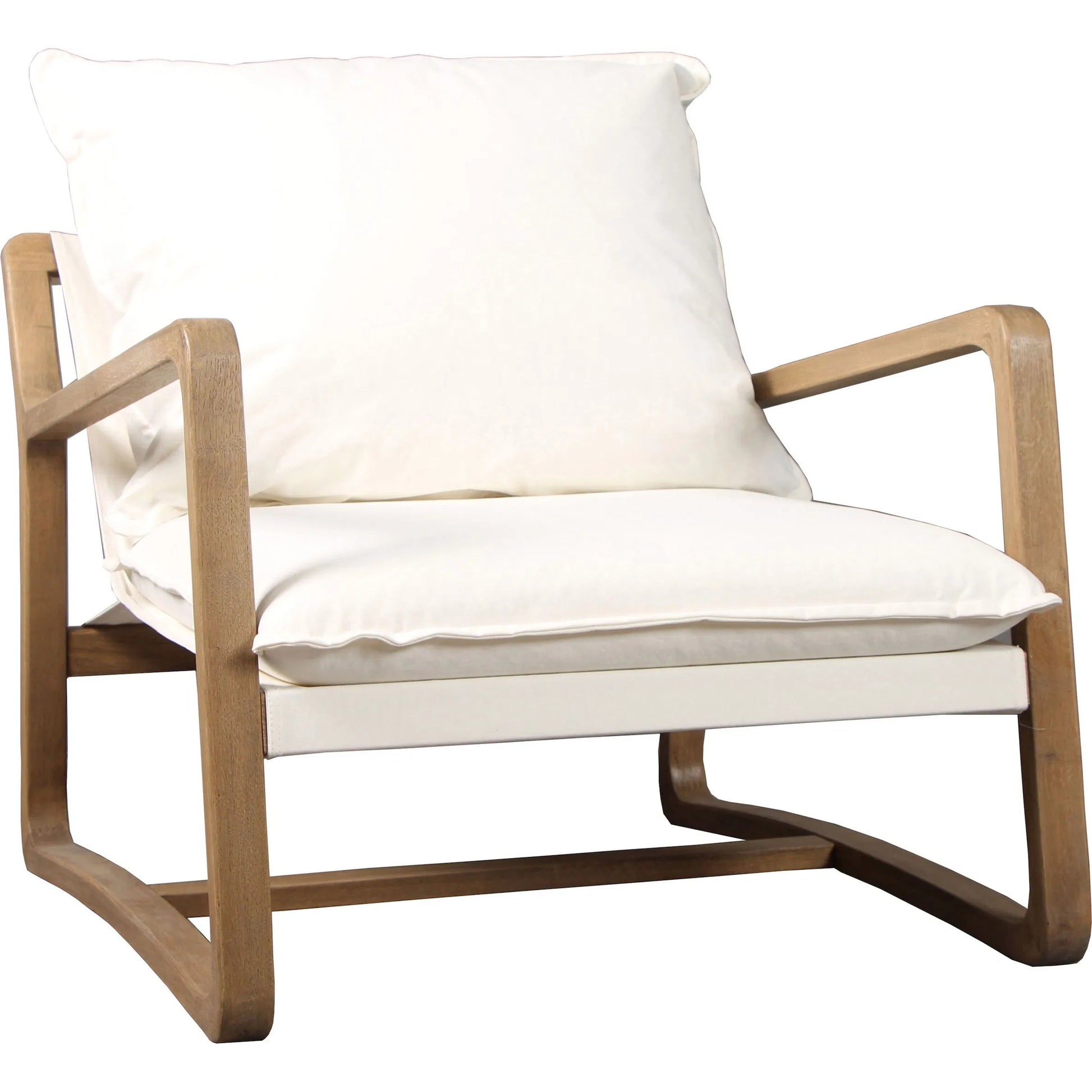 Durward Upholstered Oak Occasional Chair by Arch & Plane in off-white, cream, brown and light warm wash, off-white upholstery finish. Made from cotton blend performance fabric upholstery, oak hardwood in a modern style.