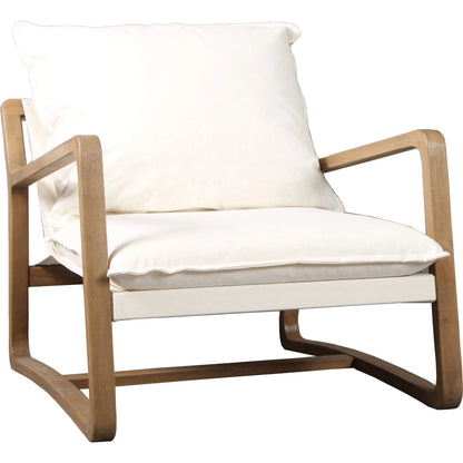 Durward Upholstered Oak Occasional Chair by Arch & Plane in off-white, cream, brown and light warm wash, off-white upholstery finish. Made from cotton blend performance fabric upholstery, oak hardwood in a modern style.