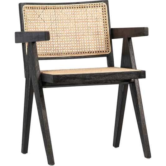 Anjelica Black Oak and Natural Rattan Dining Arm Chair by Arch & Plane in antique black, natural light brown. Made from oak in a cottage & farmhouse style.