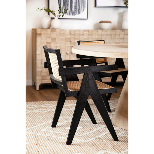 Anjelica Black Oak and Natural Rattan Dining Arm Chair by Arch & Plane in antique black, natural light brown. Made from oak in a cottage & farmhouse style.