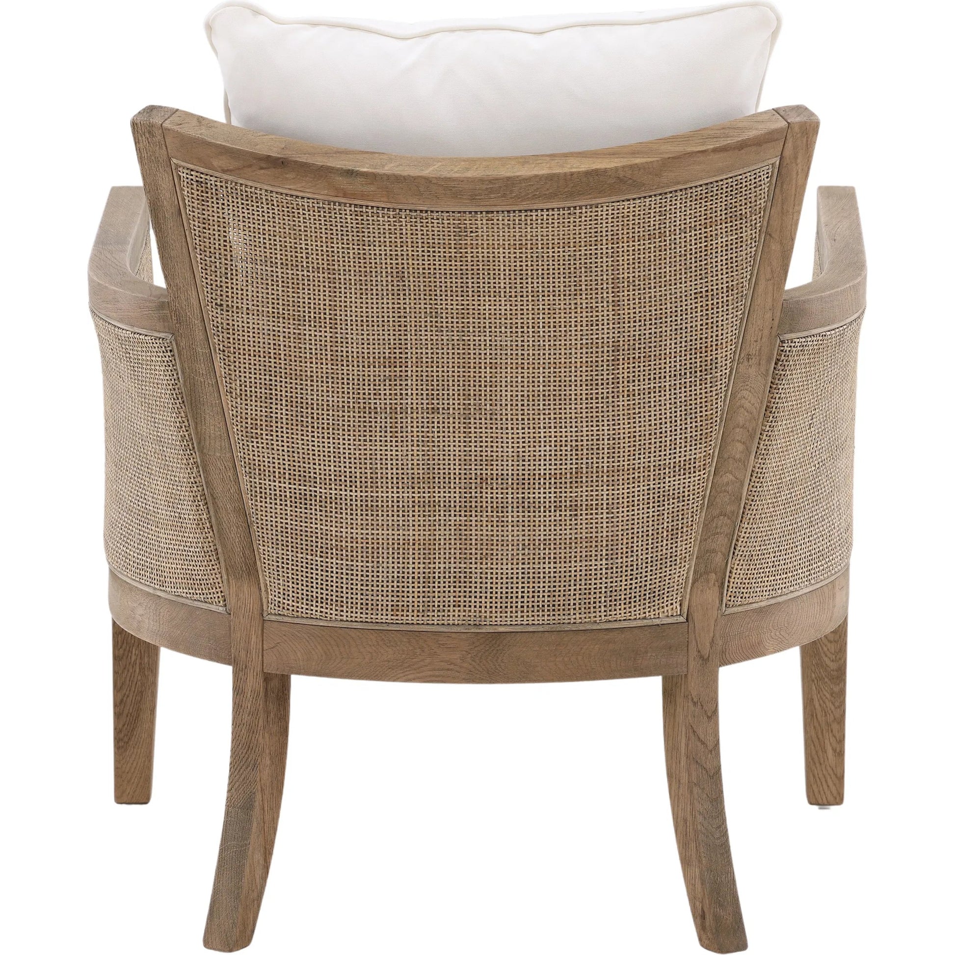 Leroy Upholstered Rattan Occasional Chair by Arch & Plane in white, natural, brown and natural rattan with off-white upholstery finish. Made from oak wood, rattan, cotton blend upholstery in a cottage & farmhouse style.