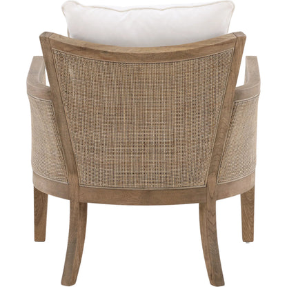 Leroy Upholstered Rattan Occasional Chair by Arch & Plane in white, natural, brown and natural rattan with off-white upholstery finish. Made from oak wood, rattan, cotton blend upholstery in a cottage & farmhouse style.