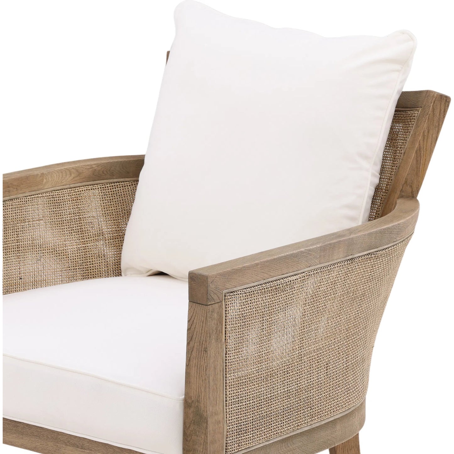 006 SI-2075366 | Closeup | Leroy Upholstered Rattan Occasional Chair by Arch & Plane in white, natural, brown and natural rattan with off-white upholstery finish. Made from oak wood, rattan, cotton blend upholstery in a cottage & farmhouse style.