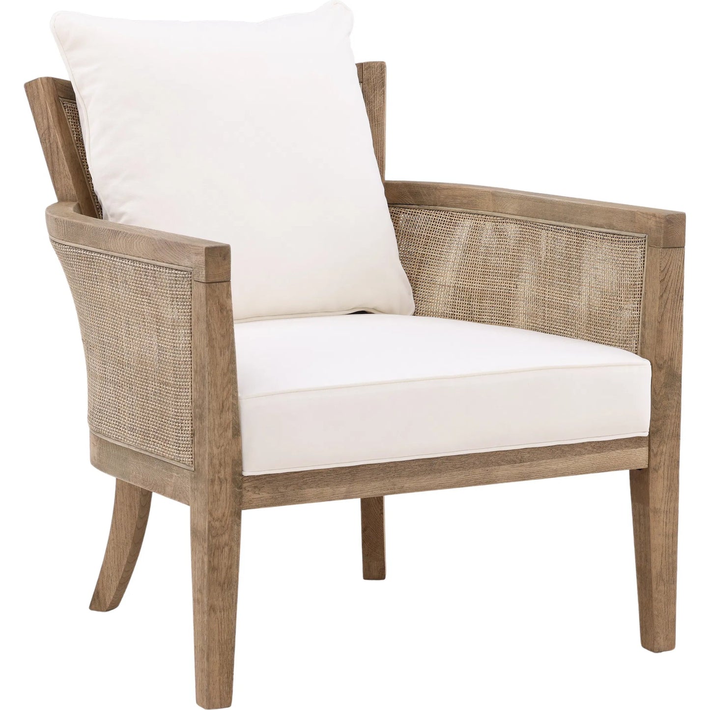 001 SI-2075366 | Primary Silo | Leroy Upholstered Rattan Occasional Chair by Arch & Plane in white, natural, brown and natural rattan with off-white upholstery finish. Made from oak wood, rattan, cotton blend upholstery in a cottage & farmhouse style.