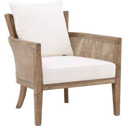 Leroy Upholstered Rattan Occasional Chair by Arch & Plane in white, natural, brown and natural rattan with off-white upholstery finish. Made from oak wood, rattan, cotton blend upholstery in a cottage & farmhouse style.