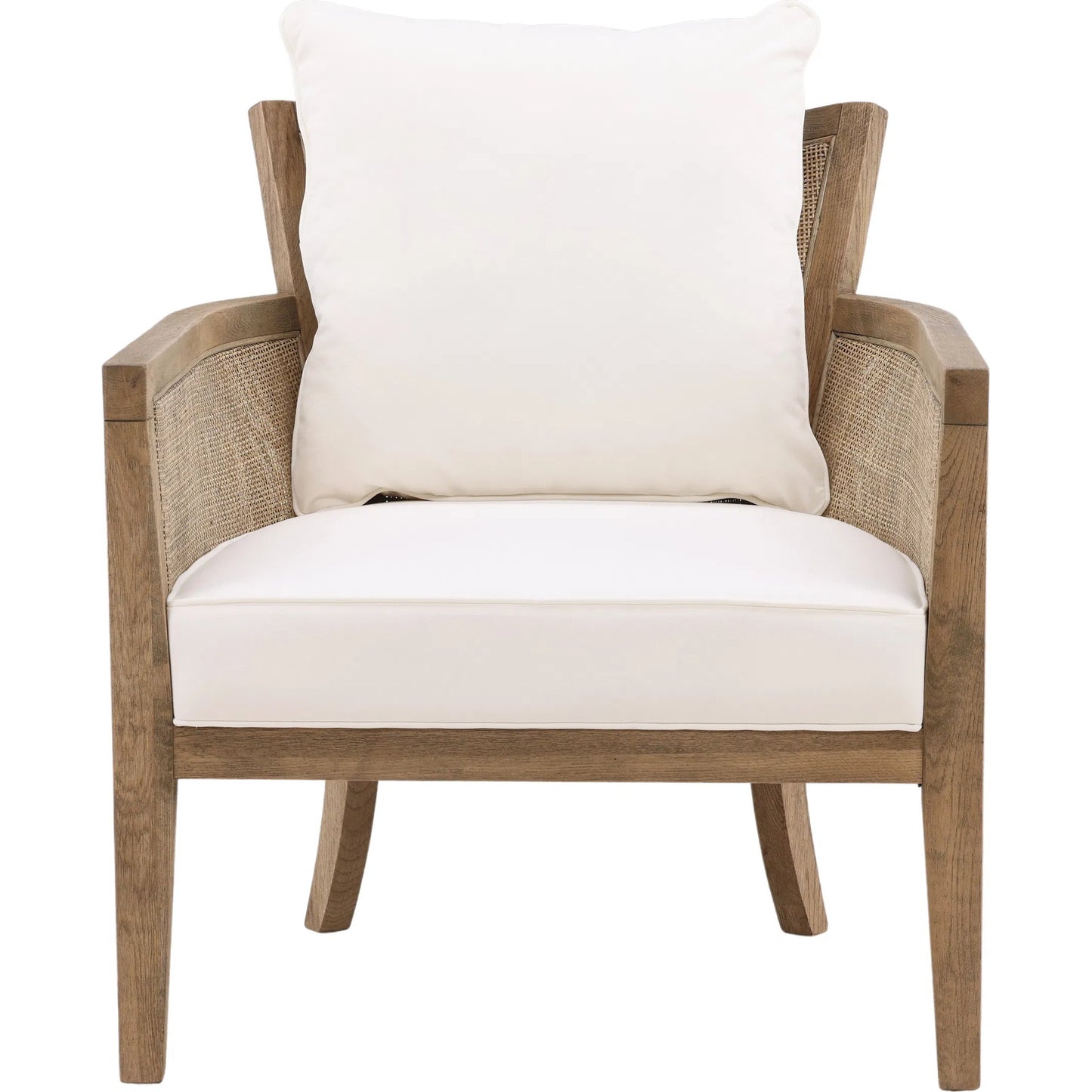 002 SI-2075366 | Additional Silo | Leroy Upholstered Rattan Occasional Chair by Arch & Plane in white, natural, brown and natural rattan with off-white upholstery finish. Made from oak wood, rattan, cotton blend upholstery in a cottage & farmhouse style.