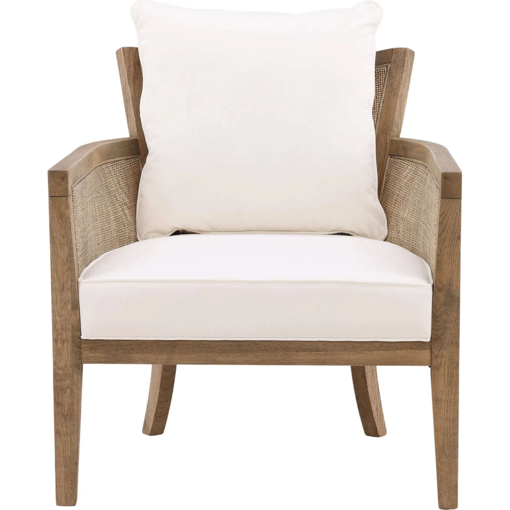 Leroy Upholstered Rattan Occasional Chair by Arch & Plane in white, natural, brown and natural rattan with off-white upholstery finish. Made from oak wood, rattan, cotton blend upholstery in a cottage & farmhouse style.