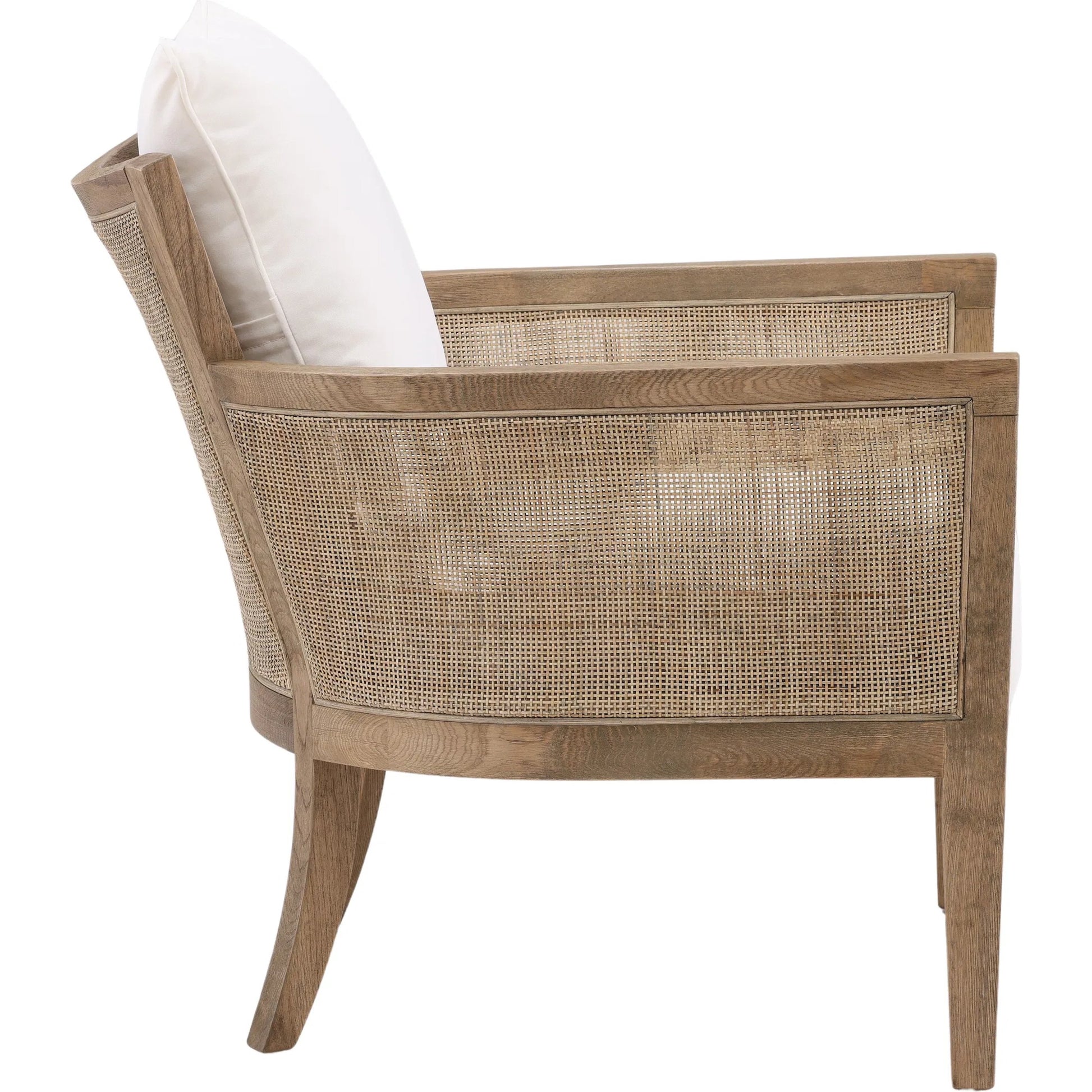 Leroy Upholstered Rattan Occasional Chair by Arch & Plane in white, natural, brown and natural rattan with off-white upholstery finish. Made from oak wood, rattan, cotton blend upholstery in a cottage & farmhouse style.