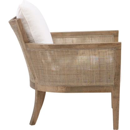 Leroy Upholstered Rattan Occasional Chair by Arch & Plane in white, natural, brown and natural rattan with off-white upholstery finish. Made from oak wood, rattan, cotton blend upholstery in a cottage & farmhouse style.
