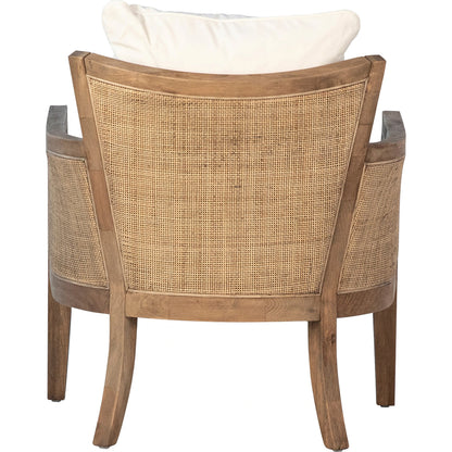 Leroy Upholstered Rattan Occasional Chair by Arch & Plane in white, natural, brown and natural rattan with off-white upholstery finish. Made from oak wood, rattan, cotton blend upholstery in a cottage & farmhouse style.