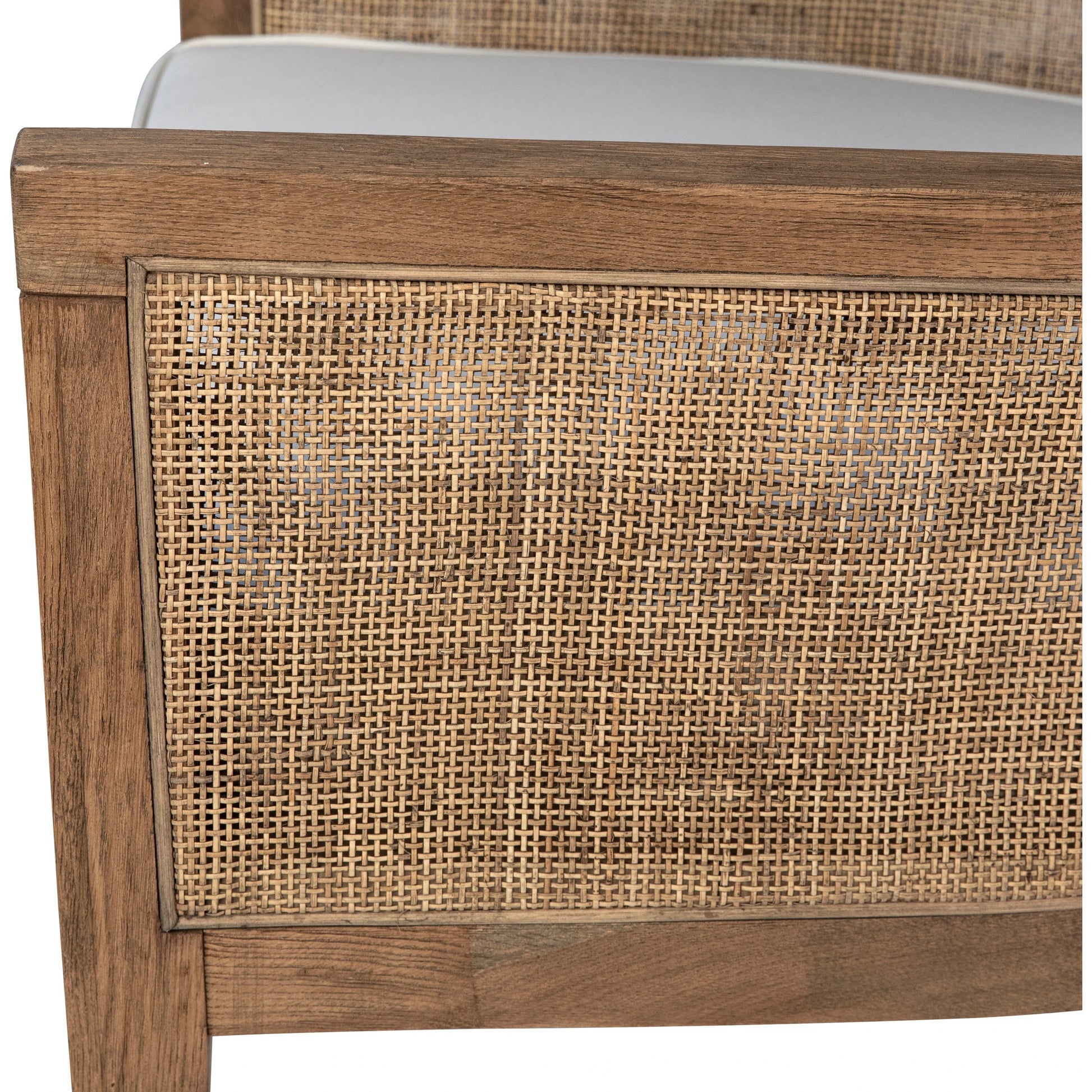 Leroy Upholstered Rattan Occasional Chair by Arch & Plane in white, natural, brown and natural rattan with off-white upholstery finish. Made from oak wood, rattan, cotton blend upholstery in a cottage & farmhouse style.