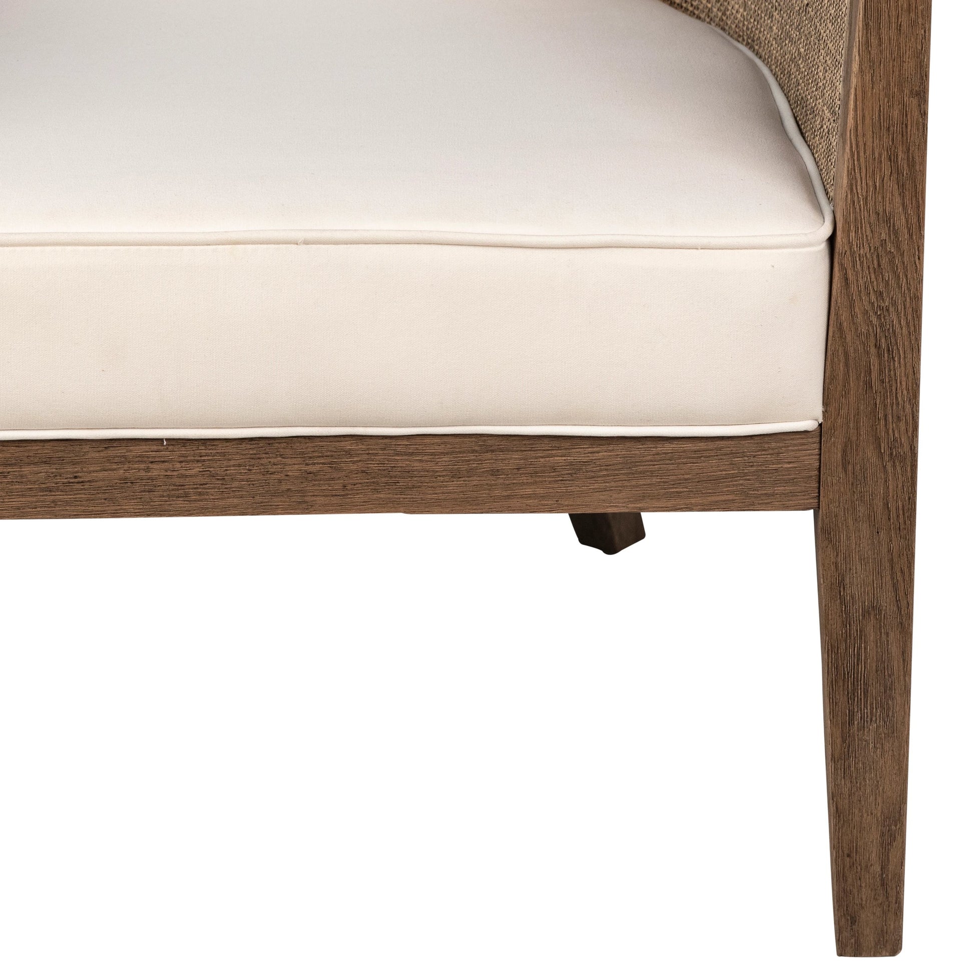 Leroy Upholstered Rattan Occasional Chair by Arch & Plane in white, natural, brown and natural rattan with off-white upholstery finish. Made from oak wood, rattan, cotton blend upholstery in a cottage & farmhouse style.