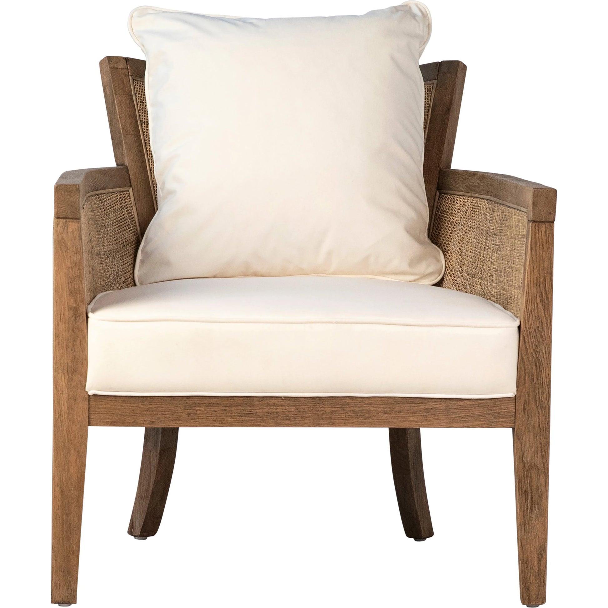Leroy Upholstered Rattan Occasional Chair by Arch & Plane in white, natural, brown and natural rattan with off-white upholstery finish. Made from oak wood, rattan, cotton blend upholstery in a cottage & farmhouse style.
