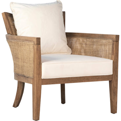 Leroy Upholstered Rattan Occasional Chair by Arch & Plane in white, natural, brown and natural rattan with off-white upholstery finish. Made from oak wood, rattan, cotton blend upholstery in a cottage & farmhouse style.