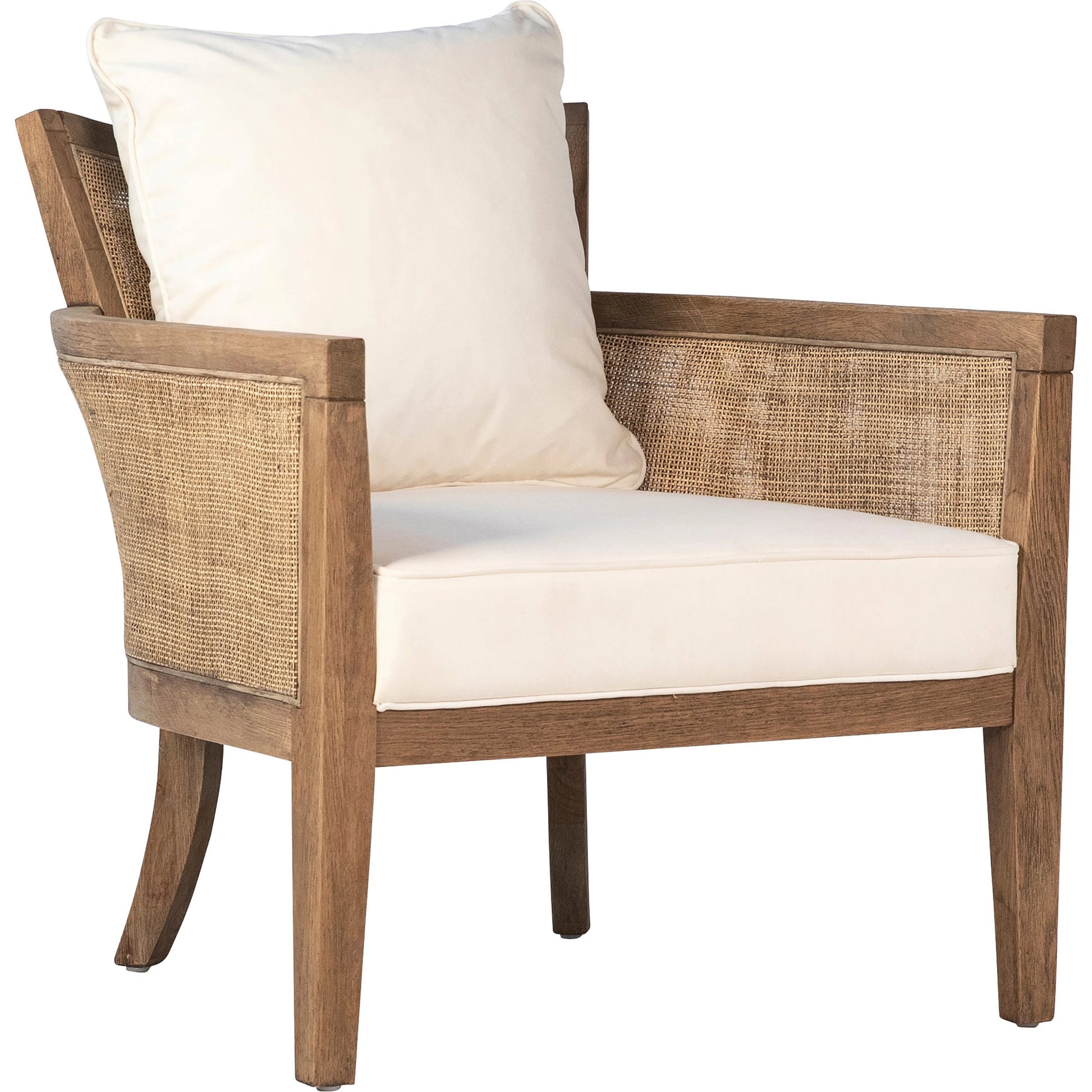 Leroy Upholstered Rattan Occasional Chair by Arch & Plane in white, natural, brown and natural rattan with off-white upholstery finish. Made from oak wood, rattan, cotton blend upholstery in a cottage & farmhouse style.