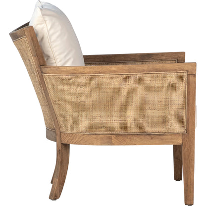 Leroy Upholstered Rattan Occasional Chair by Arch & Plane in white, natural, brown and natural rattan with off-white upholstery finish. Made from oak wood, rattan, cotton blend upholstery in a cottage & farmhouse style.