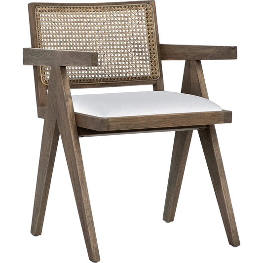 Ocampo Dining Chair by Arch & Plane in grey wash finish, white seat. Made from oak wood frame with rattan back, linen seat in a transitional style.