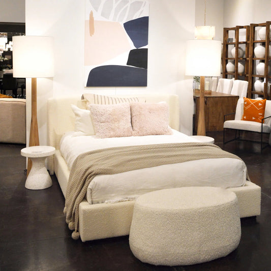 Emelia White Boucle Upholstered Wingback Platform Bed by Arch & Plane in natural off white and fabric. Made from boucle in a modern style.