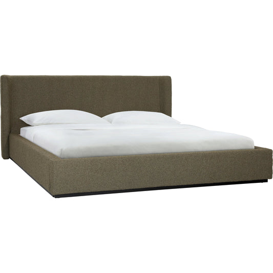 Tobias Bed by Arch & Plane in olive. Made from boucle upholstery, birch wood frame in a unique style.