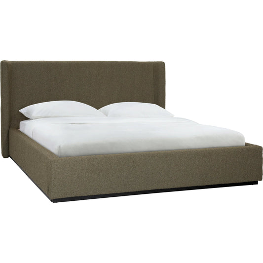 Tobias Bed by Arch & Plane in olive. Made from boucle upholstery, birch wood frame in a unique style.