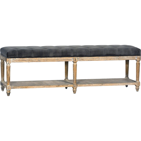 Evans Bench by Arch & Plane in charcoal grey fabric, antique washed wood. Made from poly fabric with velvet finish, oak wood frame in a unique style.