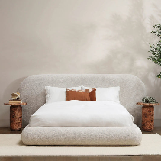 Ringo Bed by Arch & Plane in kaia snow. Made from basketweave boucle fabric in a unique style.