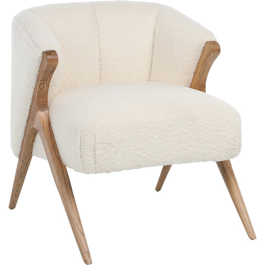 Savana Ivory Sheepskin Upholstered Arm Chair by Arch & Plane in ivory, natural finish and fabric. Made from faux sheep skin in a modern style.