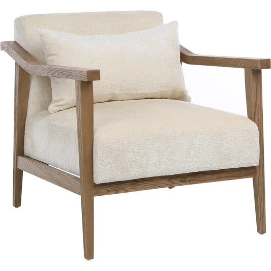 Branson Occasional Chair by Arch & Plane in cream fabric, natural oak. Made from poly velvet upholstery, rubberwood frame in a unique style.