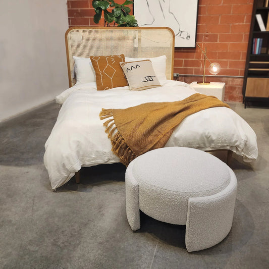 Boucle Performance Fabric Ottoman by Arch & Plane in white and off-white finish. Made from boucle upholstery in a modern style.