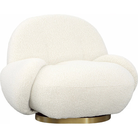 Kass Swivel Chair by Arch & Plane in ivory boucle upholstery, brushed brass base. Made from polyester upholstery, metal base in a unique style.