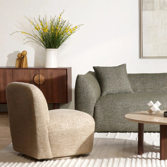 Darrel Swivel Chair by Arch & Plane in walden sand. Made from polyester upholstery, select hardwood frame, metal base in a transitional style.