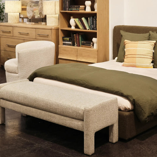 Myron Bench by Arch & Plane in sage. Made from polyester blend upholstery, select hardwood frame in a unique style.