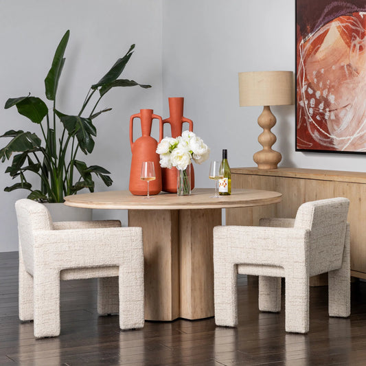 Barnett Dining Chair by Arch & Plane in sonoma fog. Made from tweed fabric in a transitional style.