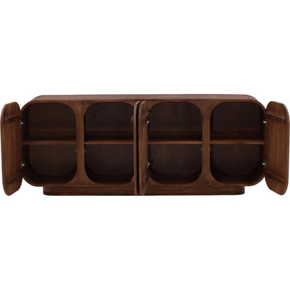 Marquez Sideboard by Arch & Plane in medium brown. Made from mindi wood in a unique style.