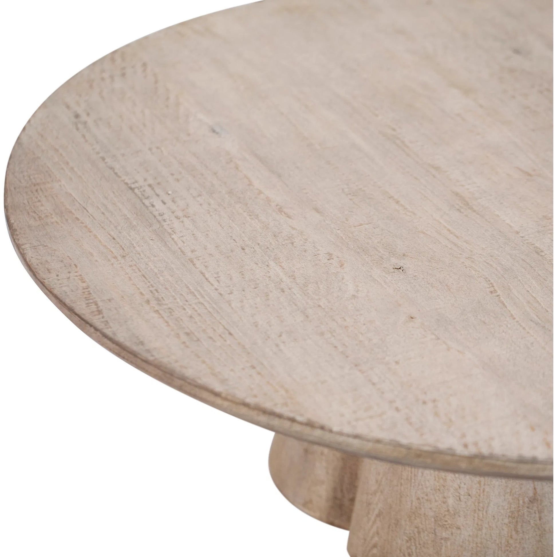 Kristal Reclaimed Pine Round Coffee Table with Clover Pedestal by Arch & Plane in light wash brown. Made from reclaimed pine in a modern style.