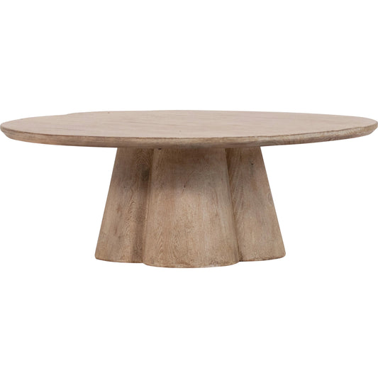 Lisette Reclaimed Pine Round Coffee Table with Clover Pedestal by Arch & Plane in light wash brown. Made from reclaimed pine in a modern style.