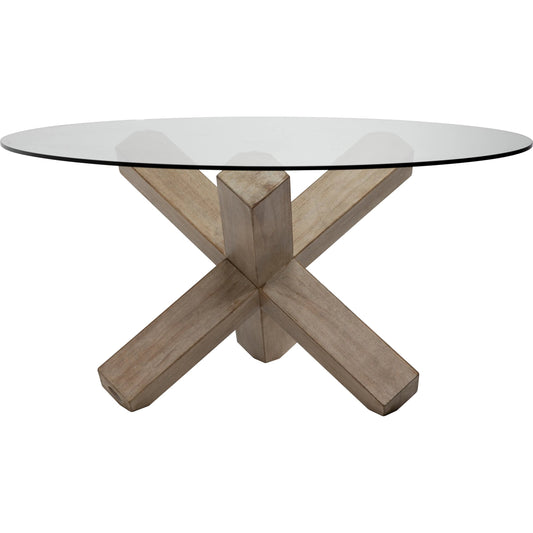 Kandice Glass Top Dining Table with Reclaimed Pedestal Base by Arch & Plane in light brown, clear and light brown. Made from reclaimed pine in a modern style.