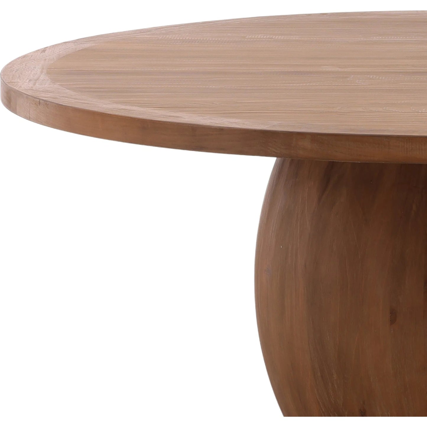 007 SI-2532920 | Closeup | Desiree Round Reclaimed Pine Dining Table with Ball Pedestal Base by Arch & Plane in brown. Made from reclaimed pine wood in a modern style.