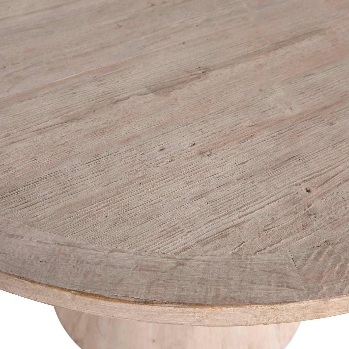 003 SI-1924502 | Closeup | Clint Round Reclaimed Pine Pedestal Dining Table by Arch & Plane in light brown. Made from reclaimed pine in a modern style.