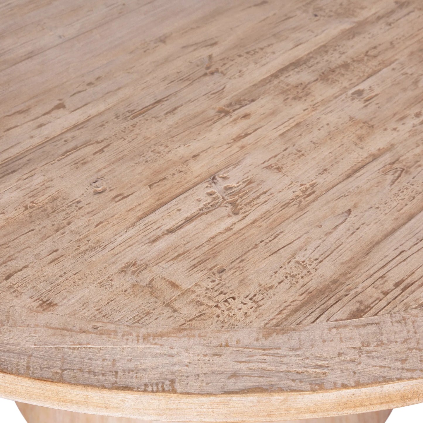 003 SI-1924503 | Closeup | Clint Reclaimed Pine Round Pedestal Dining Table by Arch & Plane in light brown. Made from reclaimed pine in a modern style.