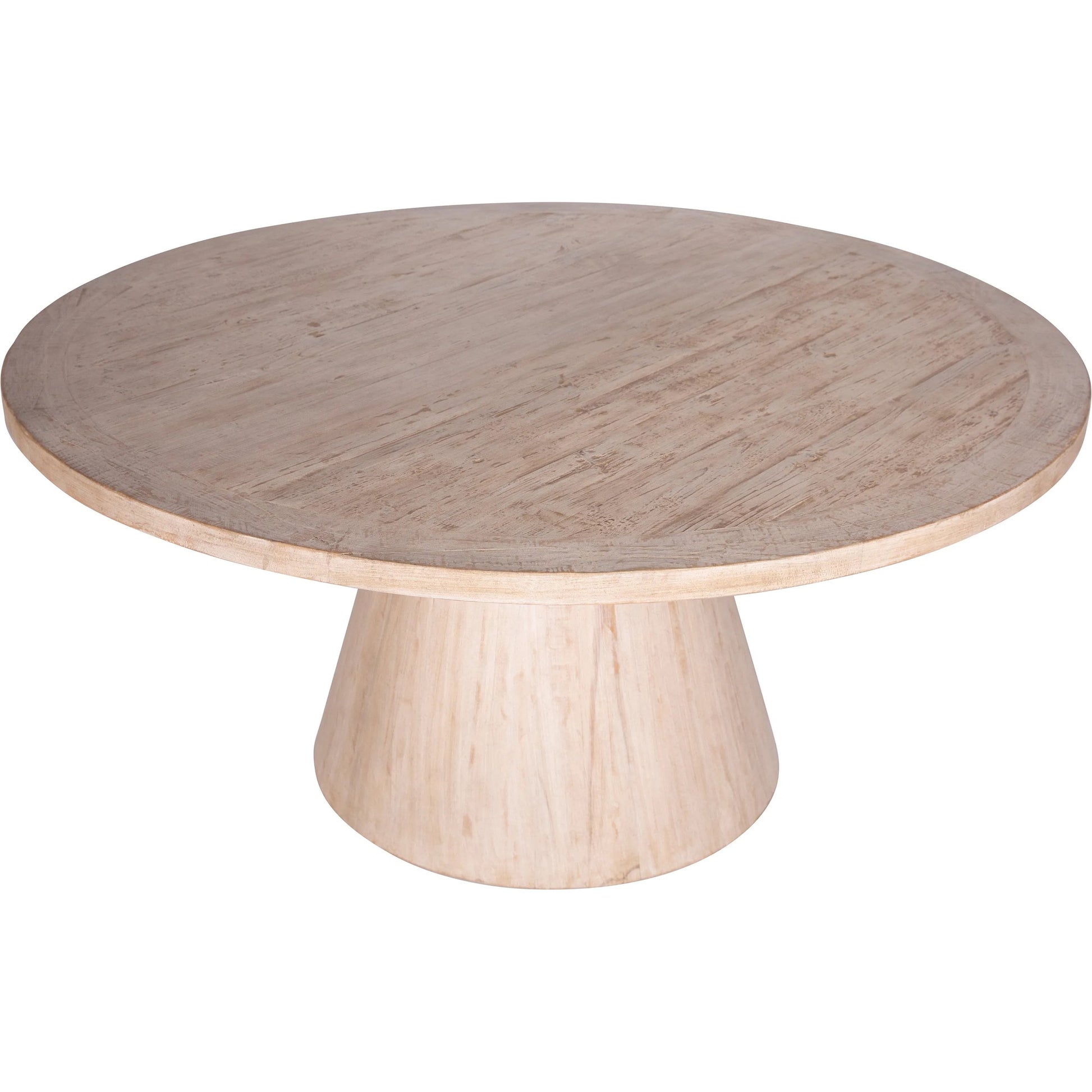 Clint Reclaimed Pine Round Pedestal Dining Table by Arch & Plane in light brown. Made from reclaimed pine in a modern style.
