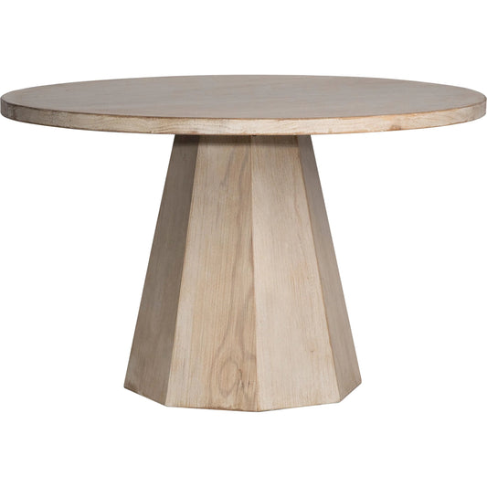 Smith Round Reclaimed Wood Pedestal Dining Table by Arch & Plane in light brown. Made from reclaimed pine in a modern style.