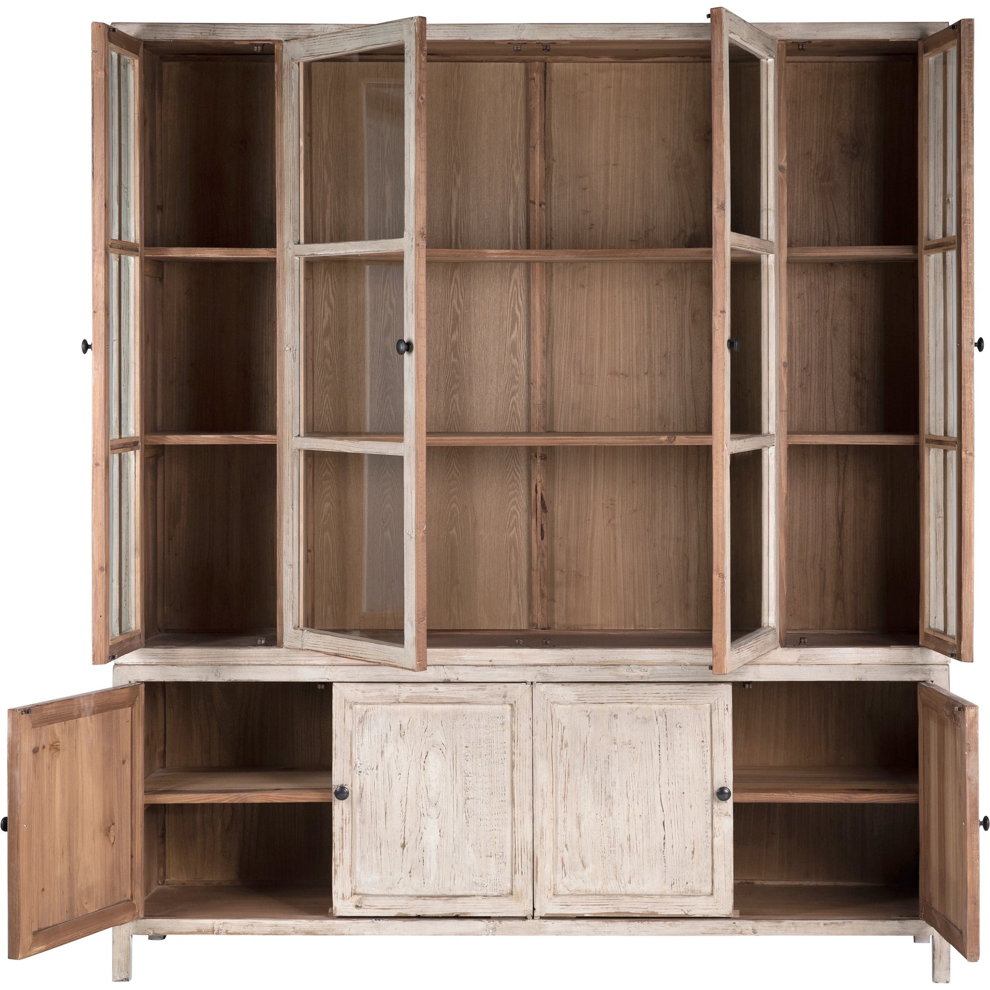 Evangeline Reclaimed Wood Cabinet by Arch & Plane in light brown, natural and light warm wash finish. Made from reclaimed pine wood, glass, iron in a modern style.
