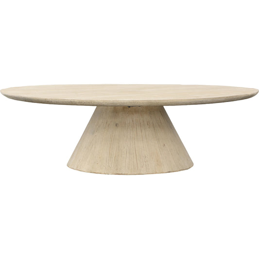 Reclaimed Pine Oval Coffee Table by Arch & Plane in natural, light brown and light warm wash finish. Made from reclaimed pine wood in a modern style.