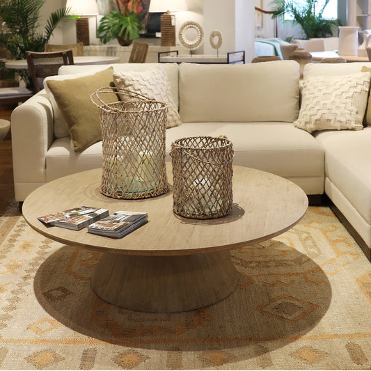 Reclaimed Pine Oval Coffee Table by Arch & Plane in natural, light brown and light warm wash finish. Made from reclaimed pine wood in a modern style.