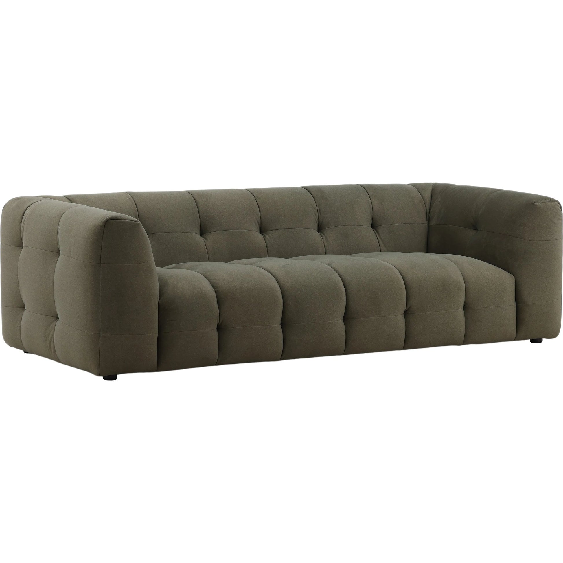 Poppy Sofa by Arch & Plane in mohair olive. Made from faux mohair fabric in a unique style.