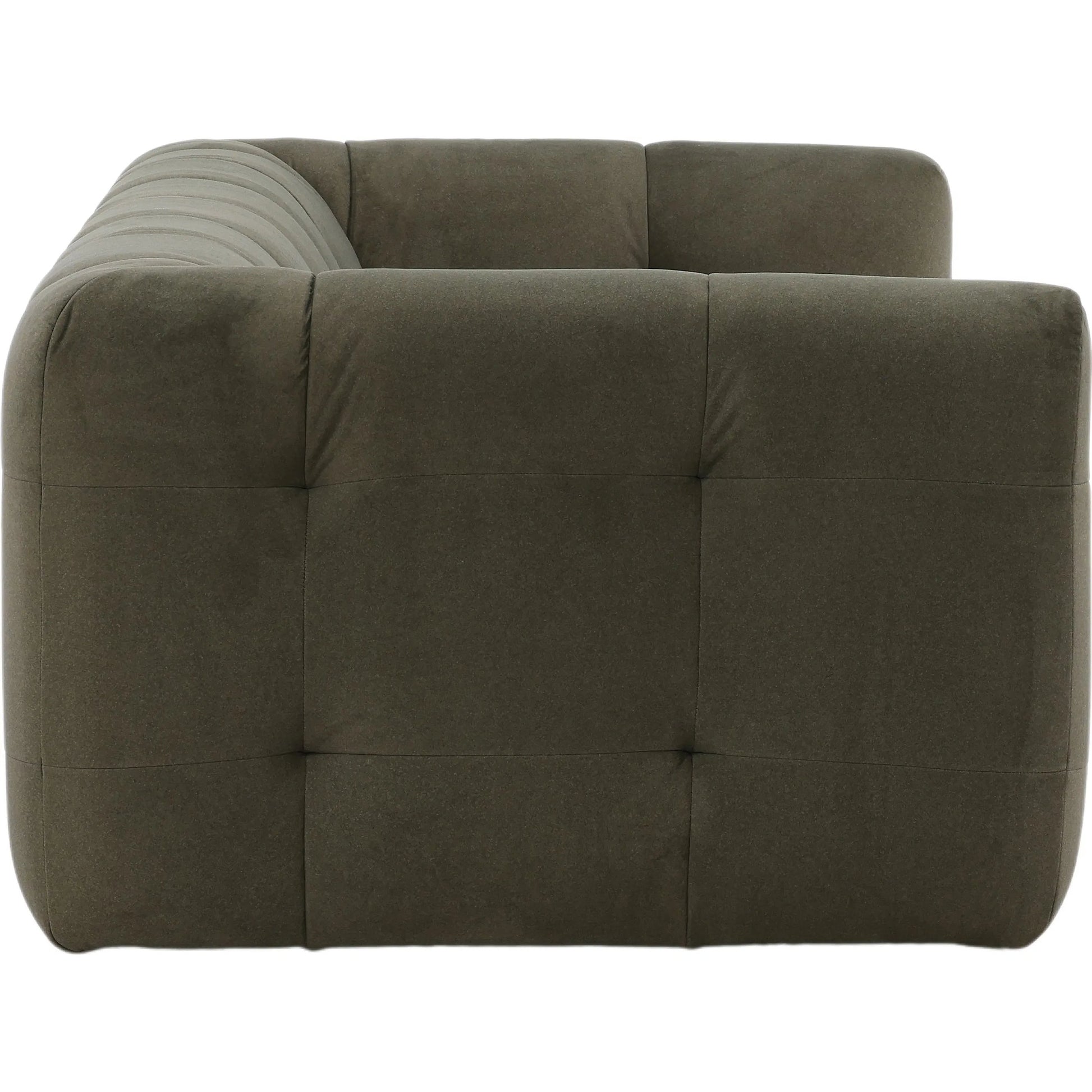 Poppy Sofa by Arch & Plane in mohair olive. Made from faux mohair fabric in a unique style.
